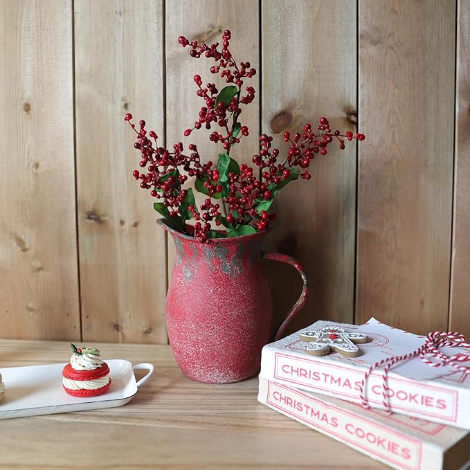 BIG FORTUNE Decorative Pitcher Vase Large Rustic Farmhouse Vase for Flowers Vintage Metal Milk Jug Vintage Decorative Pitcher Kitchen Decorations (Red)
