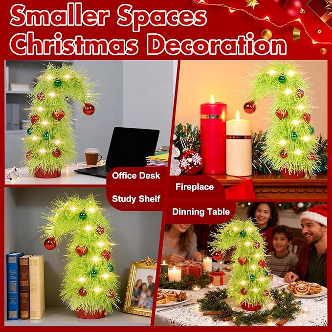 16 inch Pre-Lit Mini Christmas Tree with Ornaments Included, Lime Green Whimsical Artificial Tabletop Tree for Home, Office Desk & Holiday Decor