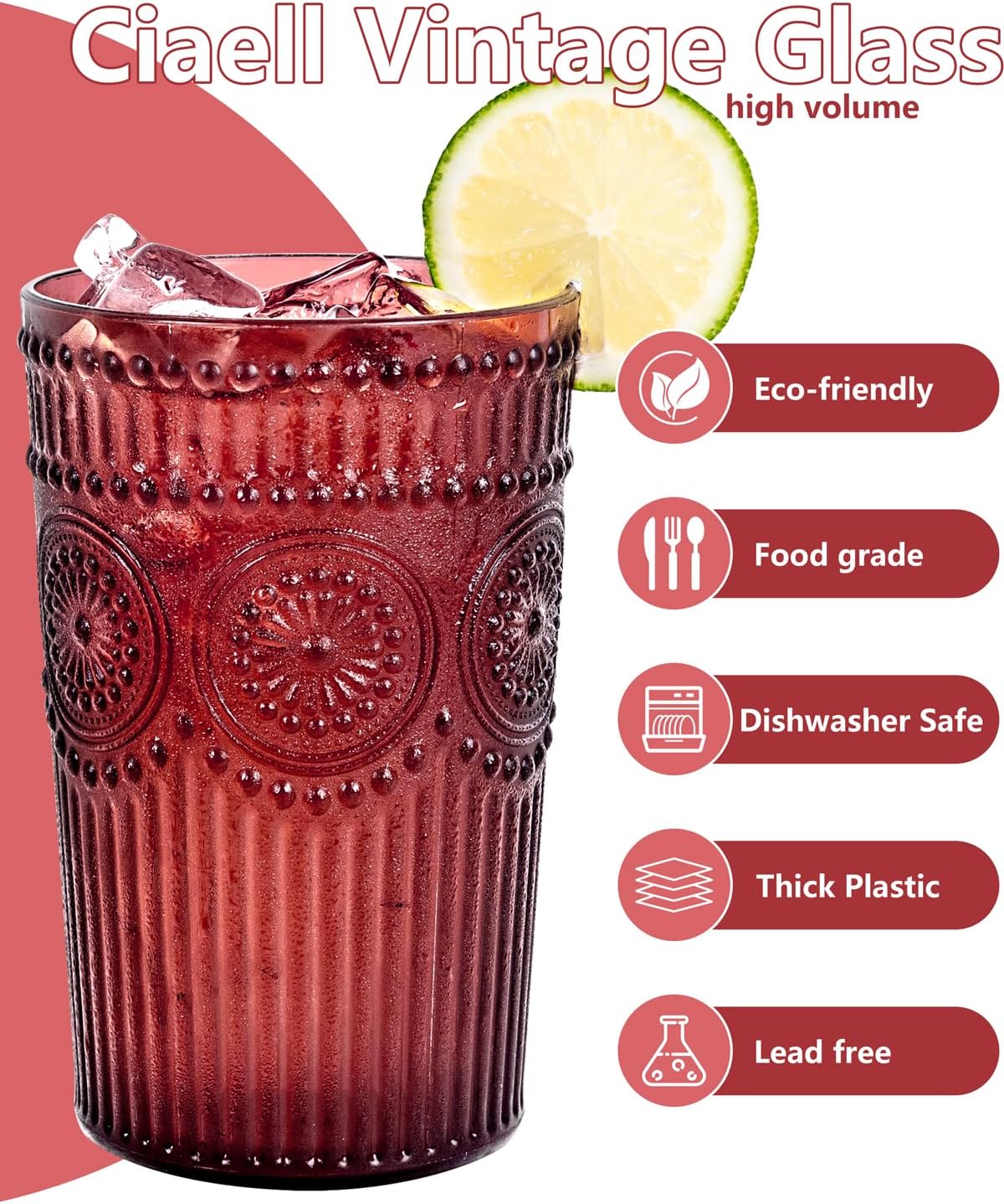 Ciaell 12 Pack Romantic Plastic Water Glasses - 14 Oz Burgundy Vintage Drinking Glasses, Embossed Ribbed Plastic Cups, Textured Striped Set for Juice, Beverages, Beer, Cocktail & Christmas