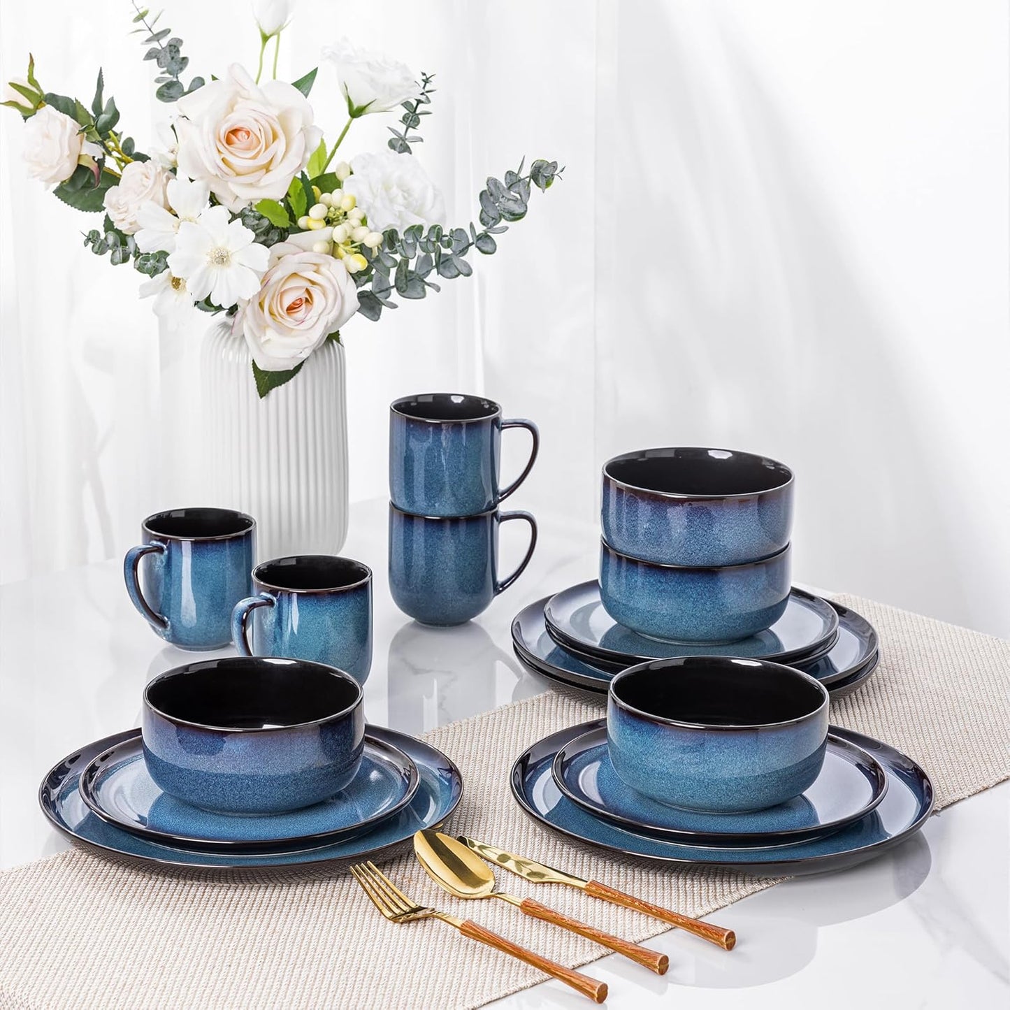LERATIO Ceramic Dinnerware Sets for 4,16-PieceReactive Glaze Plates and Bowls Set with Mugs,Highly Chip and Crack Resistant | Dishwasher,Microwave & Oven Safe Dishes set-Blue