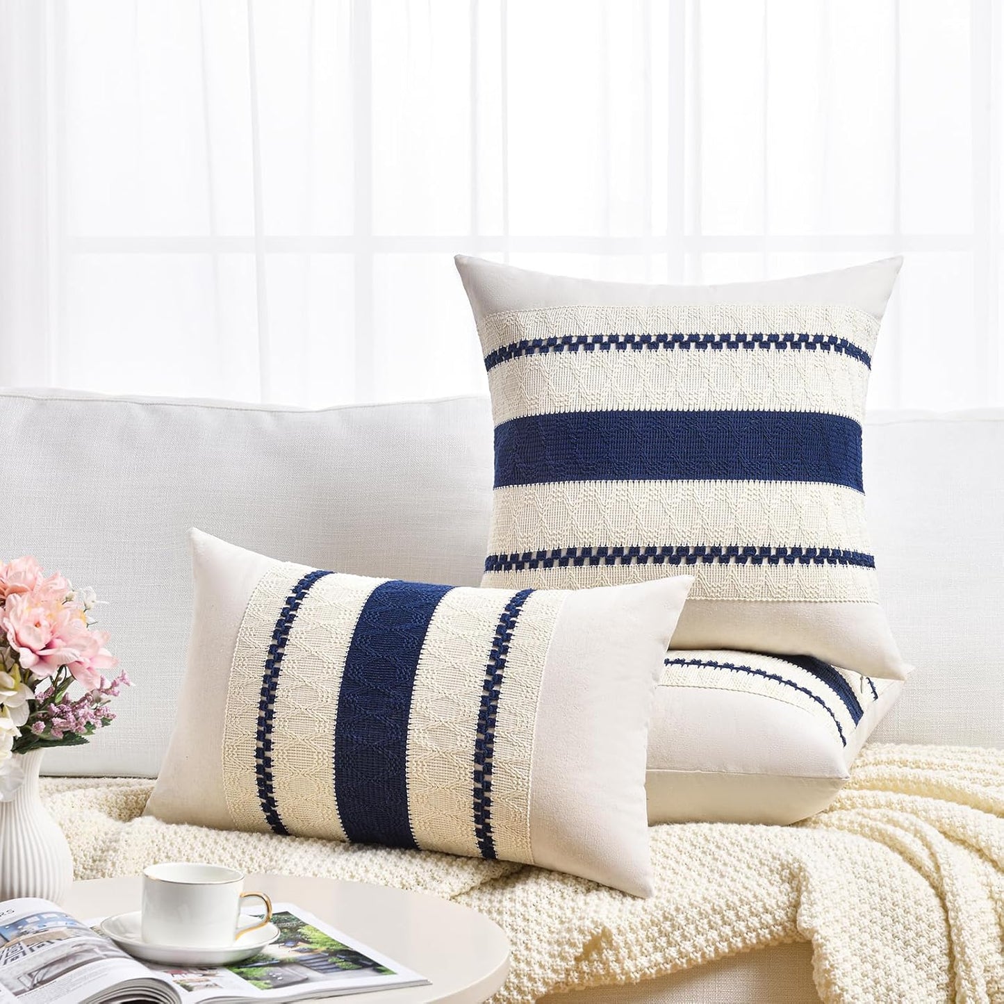 Fancy Homi Set of 2 Navy Blue Decorative Throw Pillow Covers 20x20 Inch for Couch Bed Sofa Living Room Office, Aesthetic Modern Organic Farmhouse Home Decor, Soft Cotton Woven Textured Cushion Case