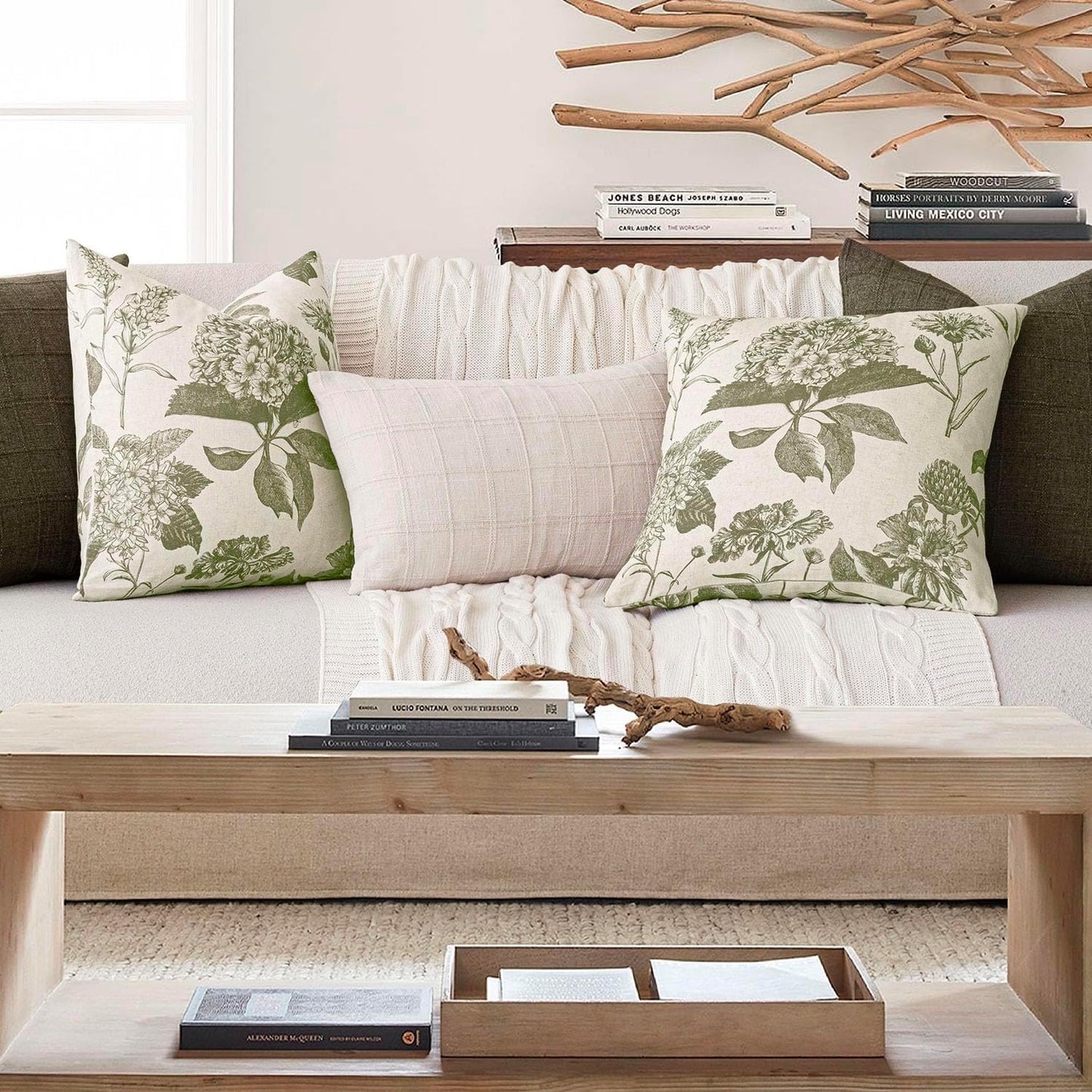 Foindtower Set of 2 Linen Floral Throw Pillow Covers Vintage Accent Print Decorative Cushion Covers Farmhouse Boho Home Decor for Sofa Chair Couch Bedroom Living Room,20×20 Inch,Sage Green