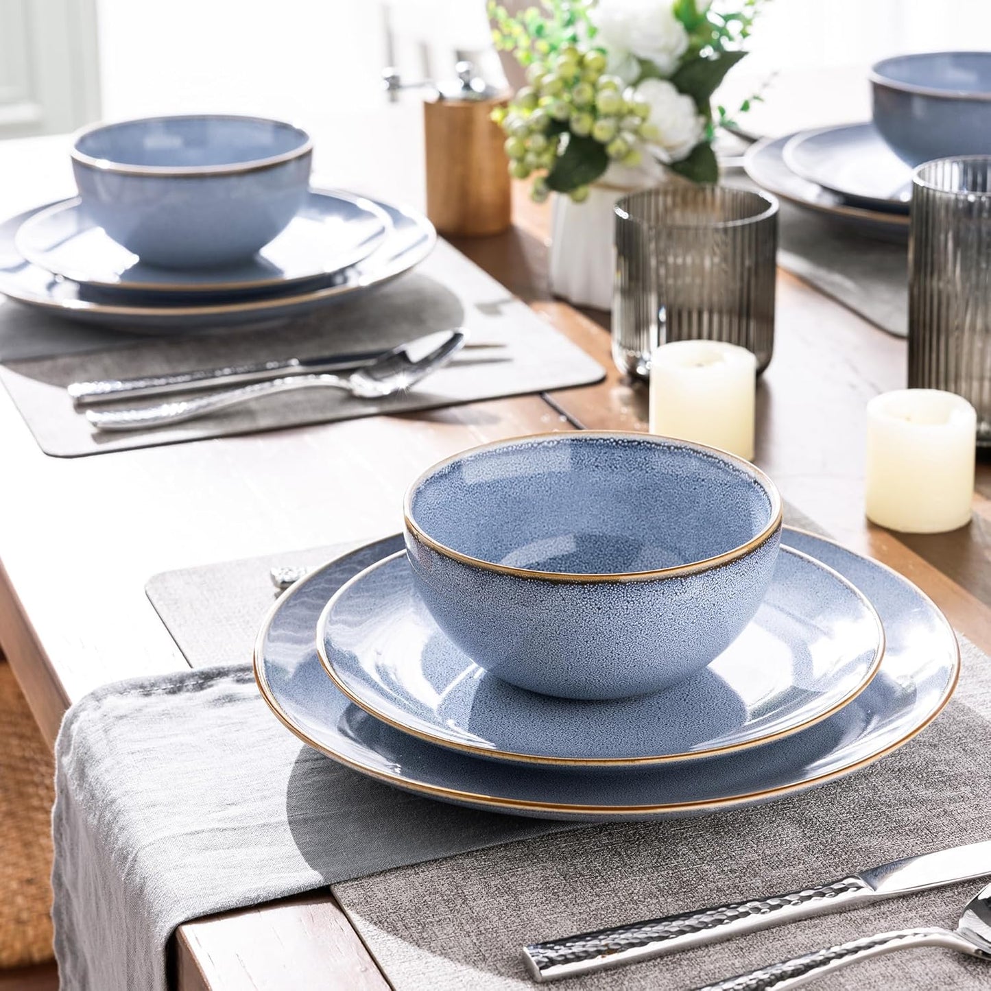 GBHOME Ceramic Dinnerware Sets for 4, 12 Pieces Stoneware Plates and Bowls Sets, Reactive Glaze Dishes -Scratch Resistant, Dishwasher&Microwave Safe- Brunnera Blue