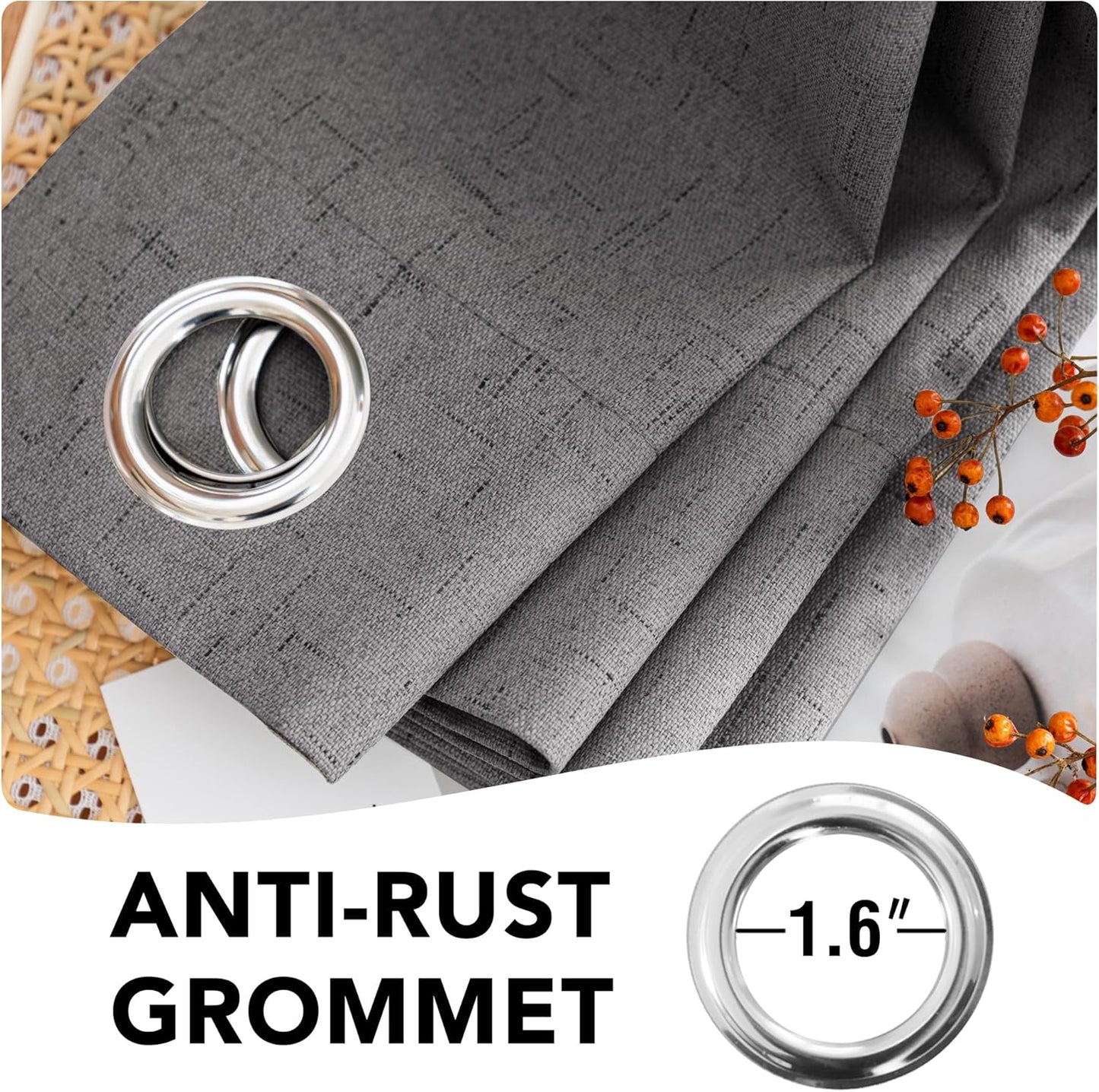 H.VERSAILTEX Linen Blackout Curtains 72 Inches Long 100% Absolutely Blackout Thermal Insulated Textured Linen Look Curtain Draperies Anti-Rust Grommet, Energy Saving with White Liner, 2 Panels, Grey