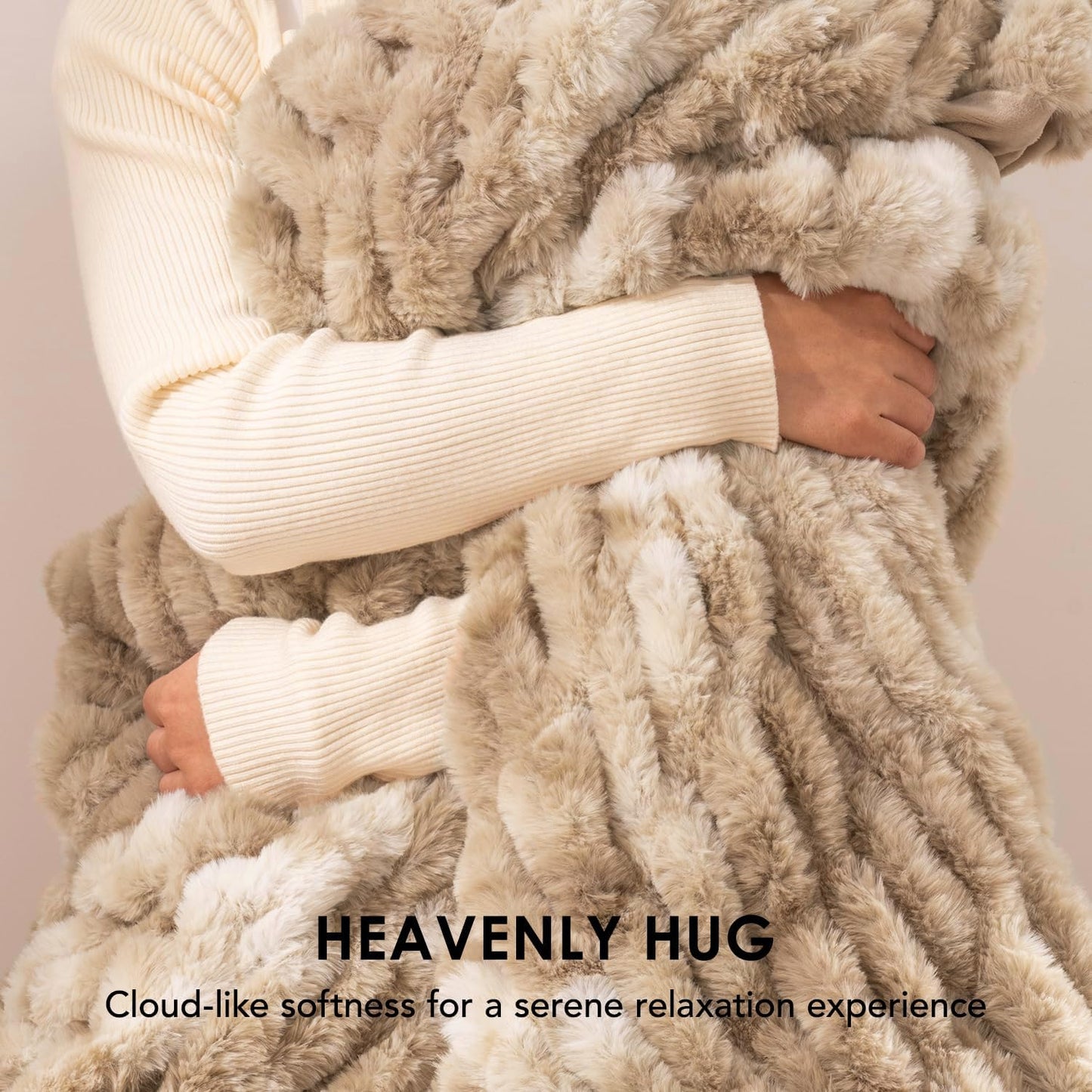 EVERGRACE Luxurious Soft Faux Rabbit Fur Throw Blanket, Cozy Fuzzy Plush Warm Throws for Couch Bed Sofa Chair Home Decor, Ruched Bubble Fluffy Blanket with Reversible Velvet, 50" x 60", Beige