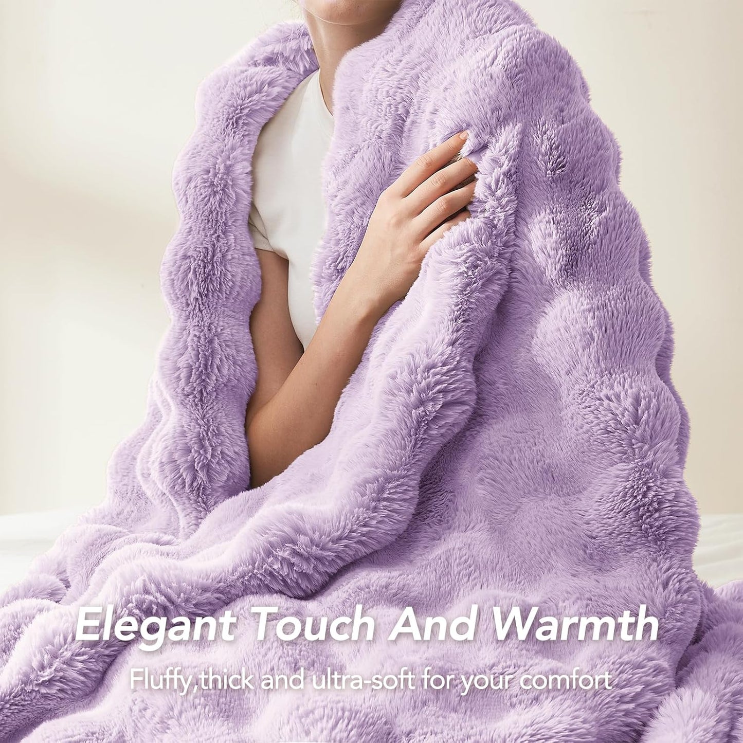 L'AGRATY Faux Fur Throw Blanket: 50" x 60" Luxury Soft Fluffy Rabbit Fur Blankets Twin for Couch Bed Sofa - Cozy Plush Bubble Blankets for Winter: Flannel Fleece Decorative Blanket(Purple)