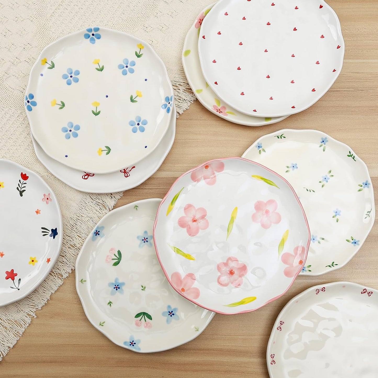Koythin Ceramic Dessert Plates, Cute Fruits Dinner Plate, Creative Plates Design, Printed Flowers Dinnerware for Office and Home, Kitchen Plates for Desserts (Pink Large Petals)