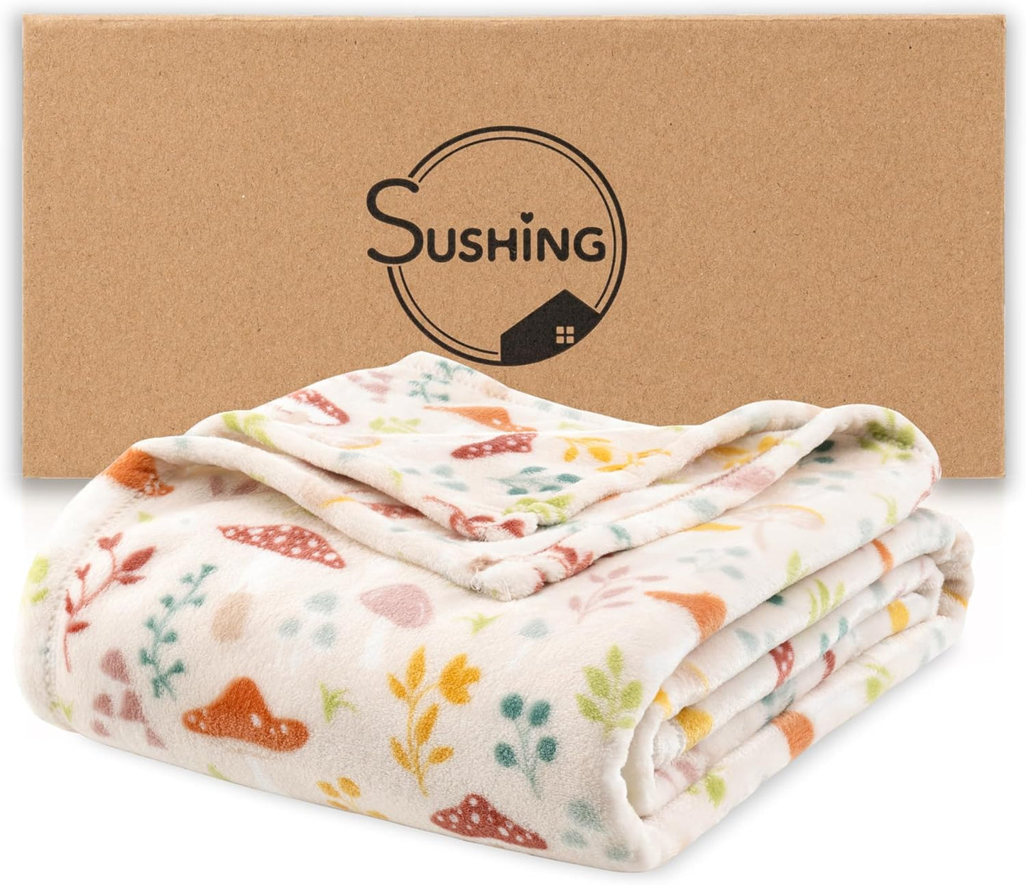 Luxury Printed Fleece Warm Throw Blanket, Soft Lightweight Velvety Plush Throw for Couch and Bed, Cozy Comfy for All Seasons(Cream Various Mushrooms, 50×70 Inches)