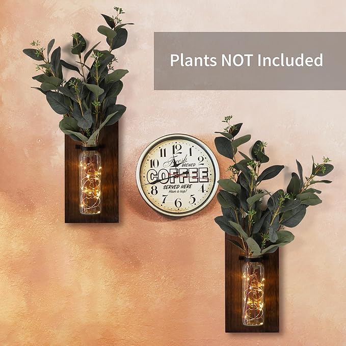 2 Pack Wood Glass Wall Sconces, Farmhouse Planters for Indoor Plants, Rustic Decor for Living Room, Hanging Vase (Brown)