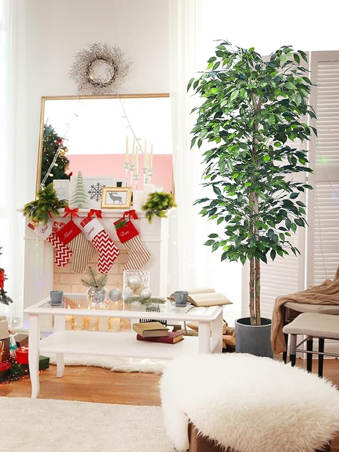 1Pack 6FT Artificial Ficus Tree with Realistic Leaves and Natural Trunk, Faux Ficus Tree with Sturdy Plastic Nursery Pot, Fake Ficus Tree for Office Home Farmhouse for Indoor Outdoor Decor