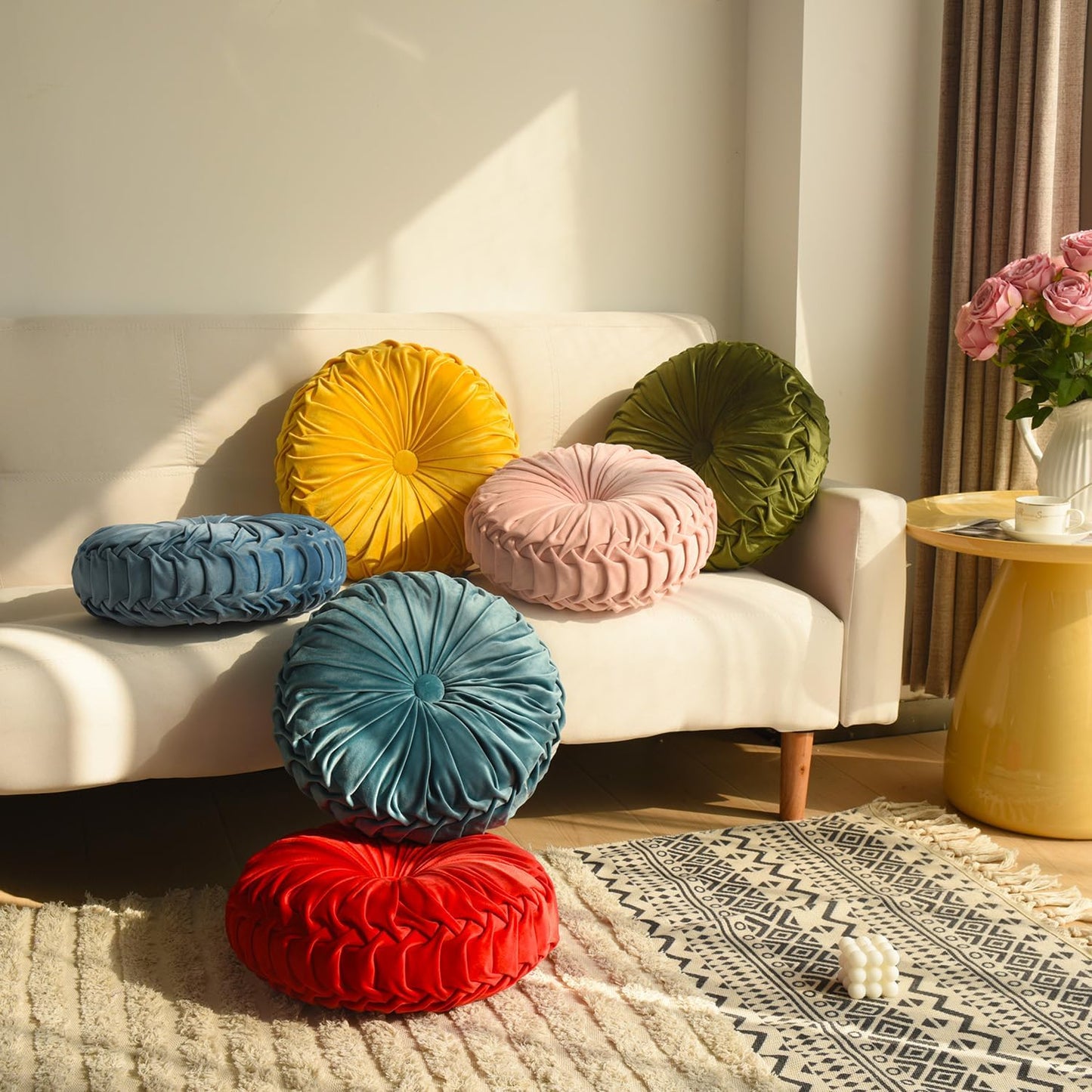 HIG Set of 2 Yellow Ruched Velvet Round Throw Pillows – 14.5’’ Decorative Pillows with Soft Polyester Filling for Couch, Bed, Living Room, Bedroom, or Dorm – Handmade, Stress Relieving, All-Season