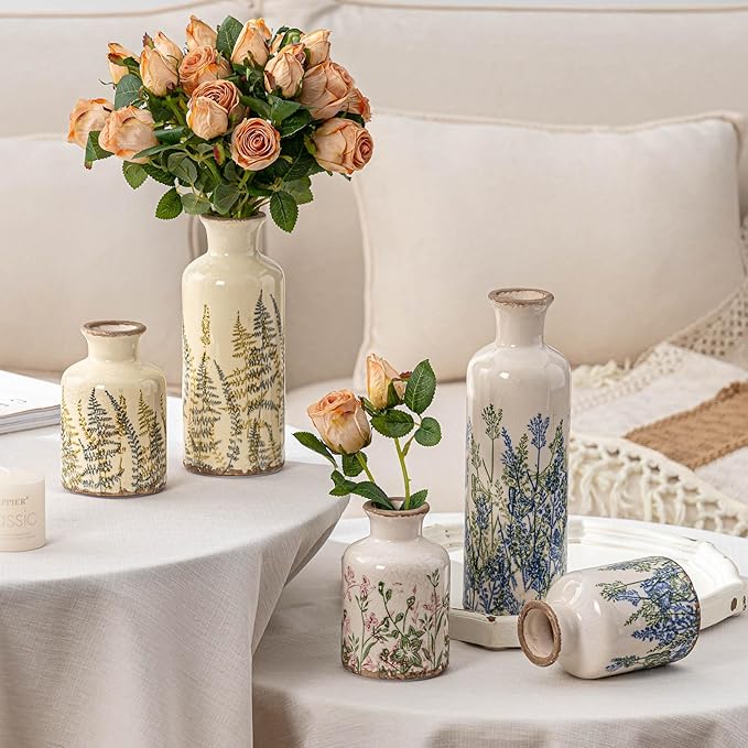 Set of 3 Ceramic Vase, Vintage Pink Floral Beige Vases, Rustic French Country Farmhouse Decorative Vases for Home Decor, Living Room, Mesa de Centro para Sala, Mantel, Kitchen,Table, Shelf Decor