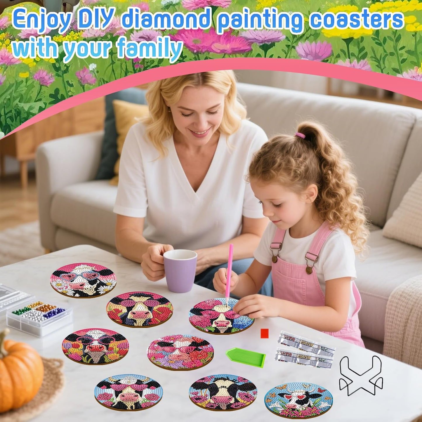 DOZEEZOP 8 PCS Diamond Art Coasters Kit, 5D Diamond Painting Coasters with Holder, Fall Small Diamond Art Kits for Adults Beginners, Diamond Dots Arts and Crafts Supplies Cow