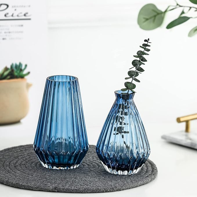 G Fusuma Blue-Rhombus Glass Flower Vase for Table Centerpiece, High-Grade Decorative Flower Vase for Bouquets,Mantel and Shelf Display, Dining Table Centerpiece, Living Room Office Decoration, 6" Tall