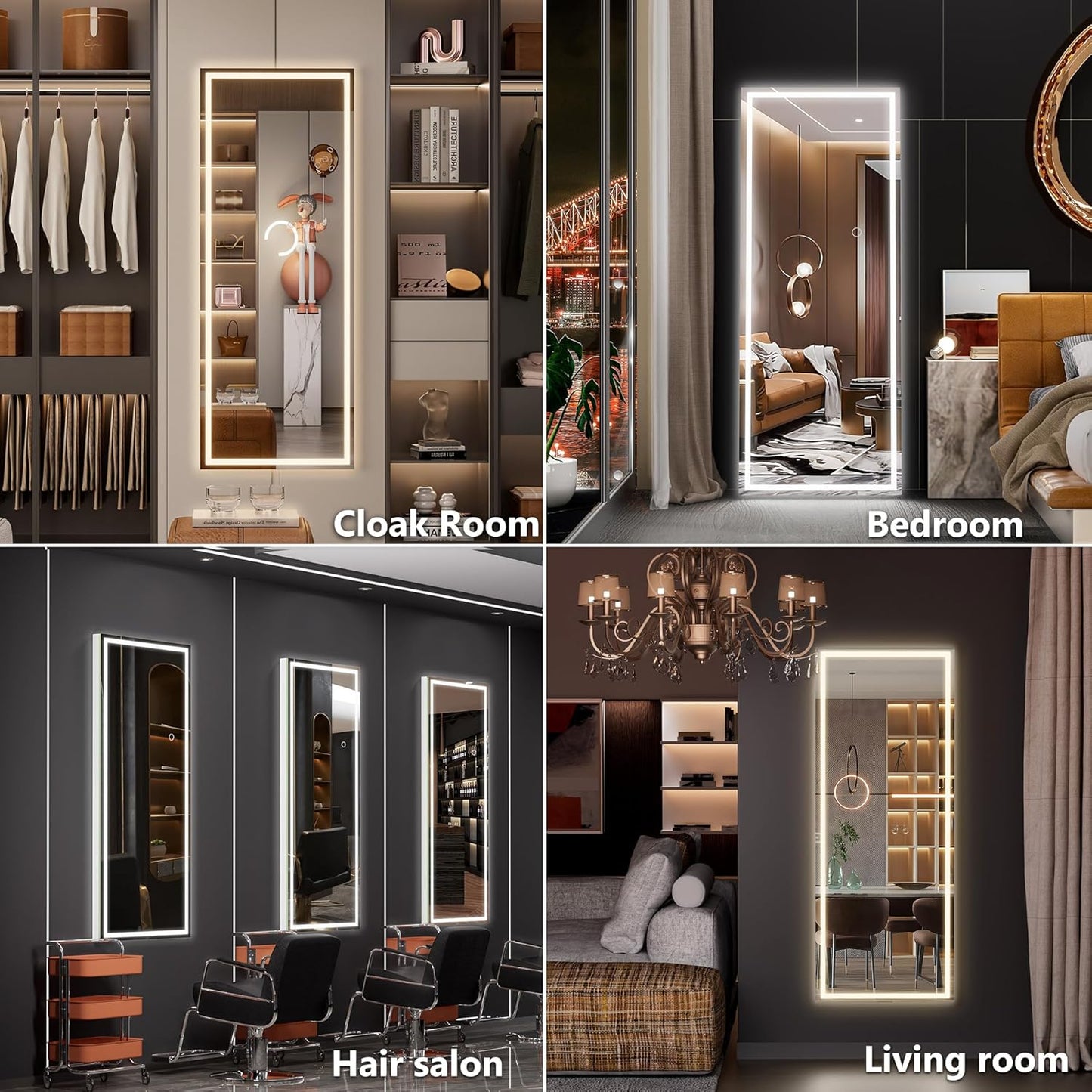 Hasipu LED Door Mirror Full Length, 44" x 15.8" Lighted Over The Door Hanging, Full Body Wall Mounted, Light Up Long Dressing, Square White