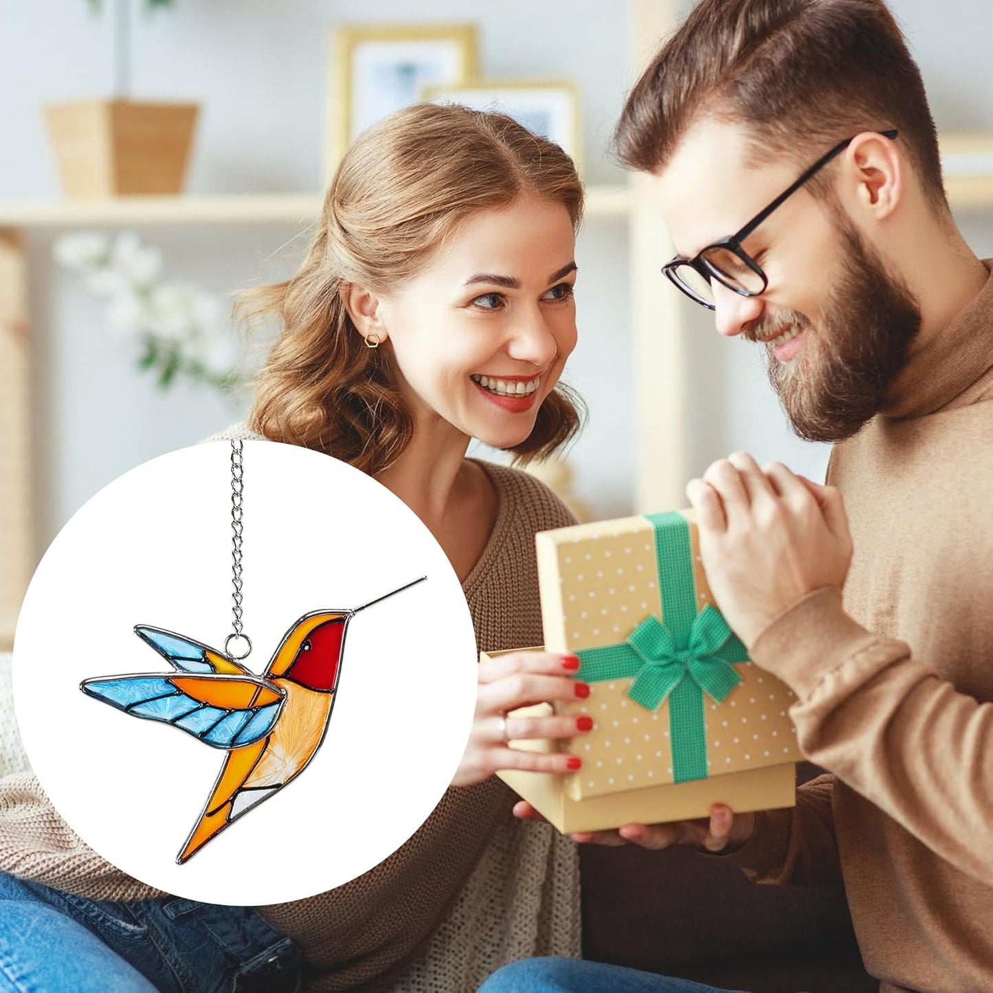 Handmade Stained Glass Hummingbird Hanging Ornament - Colorful 4.3x4.9 Inch Window/Garden Decor for Mom, Grandma, Mother's Day - Patio, Home, Wedding Decorations (Blue Wings)