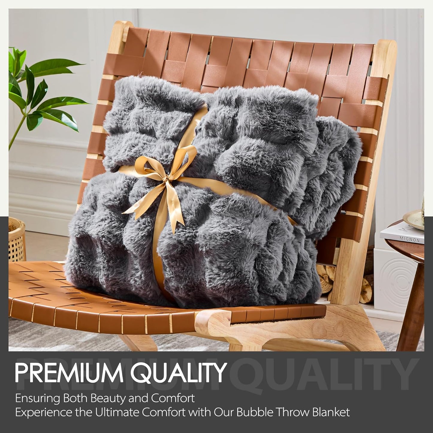 Luxury 1000GSM Faux Rabbit Fur Throw Blanket, Super Heavy Warm Cozy Blankets for Couch Bed Sofa, Bubble Plush Fuzzy Elegant Soft Reversible Mink Blanket for Living Room Bedroom, Grey