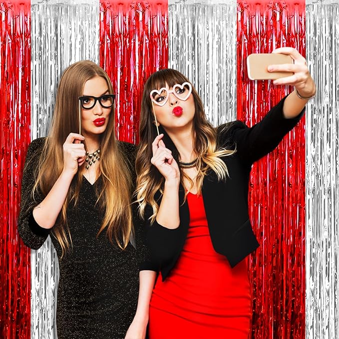 4 Pack Silver Red Foil Fringe Curtain Backdrop, 3.28Ft x 9.8Ft Metallic Tinsel Foil Fringe Streamers Curtains for Photo Booth, Wedding, Circus Welcome Carnival Birthday Party Decoration