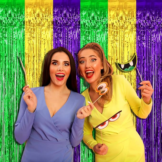 4 Pack Mardi Gras Foil Fringe Curtain Backdrop, 3.28Ft x 9.8Ft Gold Green Purple Metallic Tinsel Foil Fringe Streamers Curtains for Photo Booth, Wedding, Birthday, Carnival Party Decoration