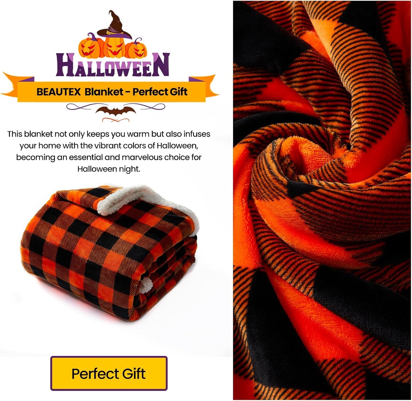 BEAUTEX Halloween Blanket, Sherpa Plaid Throw Blankets Fuzzy Fluffy Cozy Soft Throws, Fleece Flannel Plush Microfiber Blanket Halloween Fall Decor for Couch Bed Sofa(50" X 60", Orange)