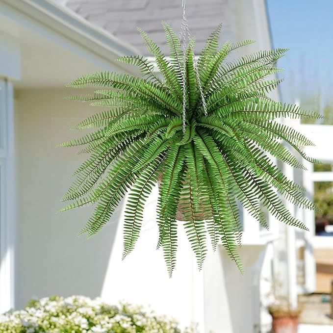 Velener 36 Inch Artificial Boston Fern Large Hanging Plant, Fake Fern Plants Bush Indoor for Home Decor, Faux Plants Outdoor, Garden, Office, Garden Decoration(Green)