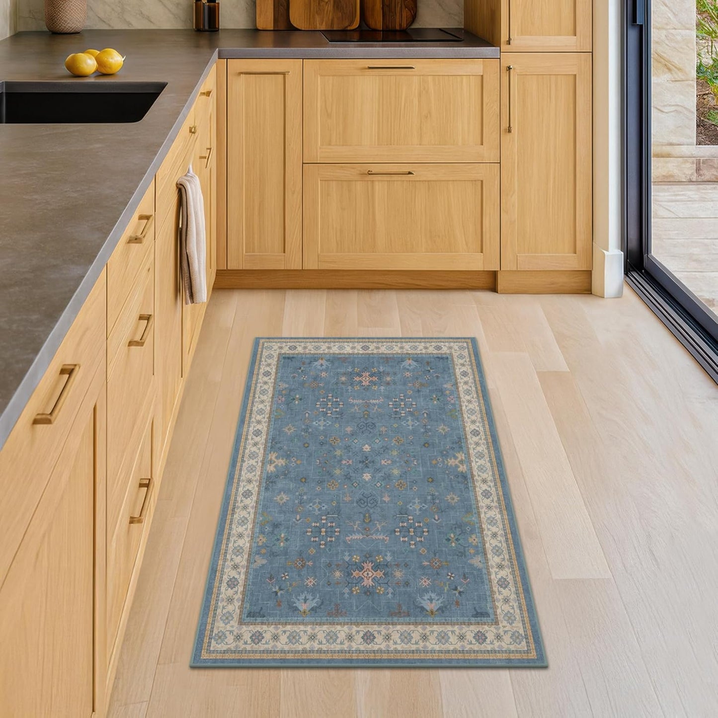 Blue 2x3 Washable Rug for Entryway Indoor, Kitchen Floor Waterproof, Bathroom, Powder Room, Non Slip Low Pile Stain & Fade Resistant, Modern Eclectic Floral Decor