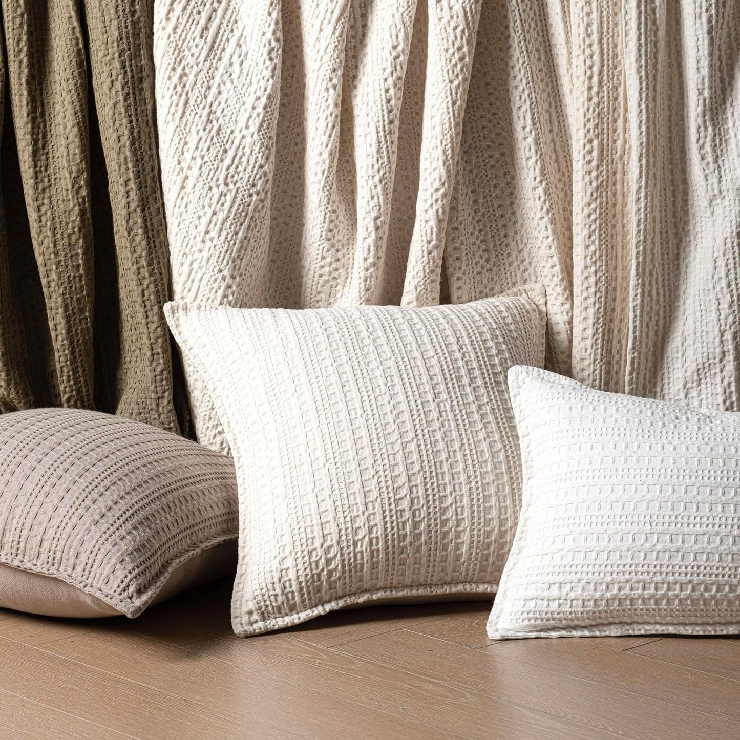 Foindtower Set of 2 Decorative Cotton Waffle Weave Throw Pillow Covers Euro Shams Cushion Covers Accent European Pillowcase for Bed Couch Sofa Bedroom Living Room Home Decor 24×24 Inch Cream White