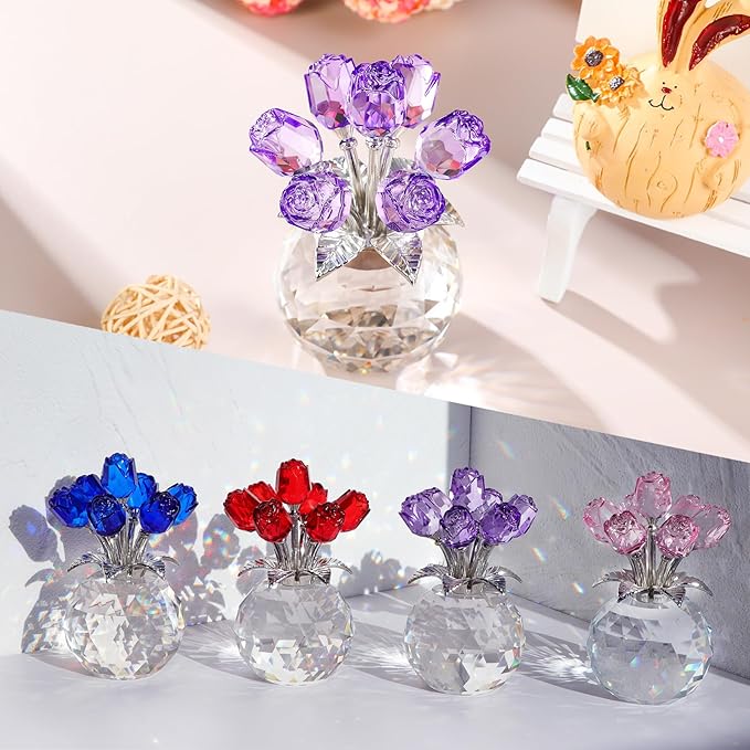 Crystal Rose Figurines Gifts for Women Valentine's Day, Glass Floral Ornament for Mother's Day Birthday Christmas Amethyst Collectible Rose Flowers Anniversary Floral Presents for Her (Purple)