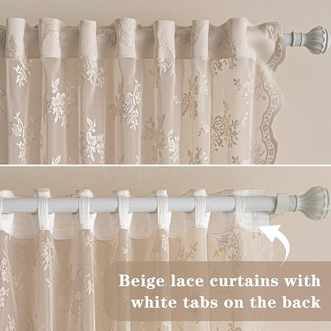 MEETSKY Lace Sheer Curtains 96 Inches Long Set of 2 Vintage Victorian French Elegant Scalloped Boho Style Light Filtering Back Tab Rod Pocket Drapes for Home Decor, 50"x96", 2 Panels, Oatmeal Beige