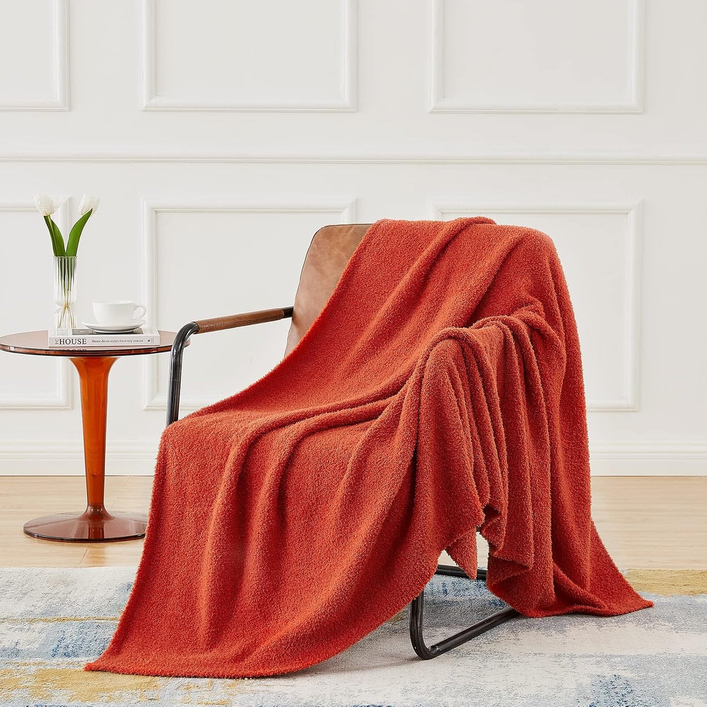 CYMULA Super Soft Knit Throw Blanket Twin Size Orange-Lightweight Plush Fuzzy Fluffy Warm Cozy Blankets and Throws for Sofa Bed All Season Use, 60x80 inches