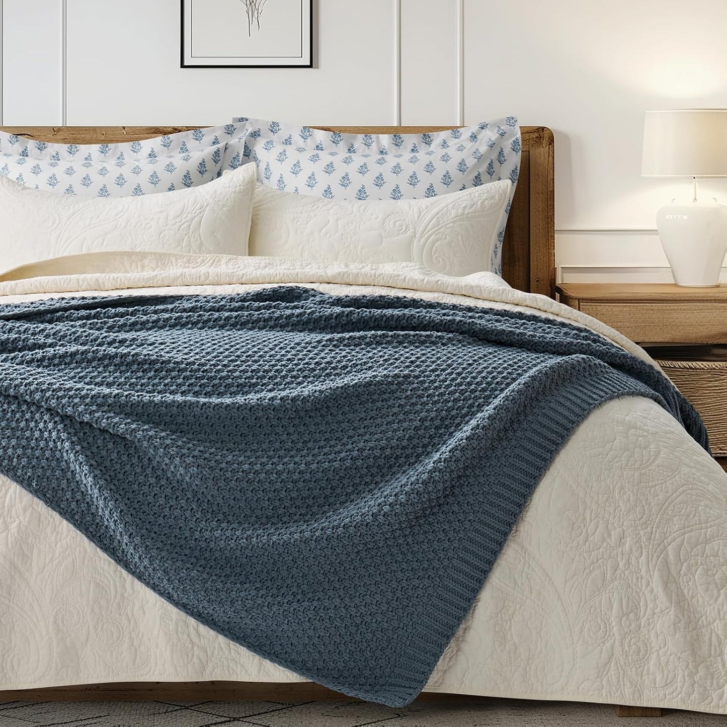 EVERGRACEHOME Chunky Chenille Knit Throw Blanket for Couch, Soft Luxurious Moss Stitch Blankets for Bed, Cozy Decorative Farmhouse Knitted Throws for Sofa, Stormy Blue, 60" x 80"