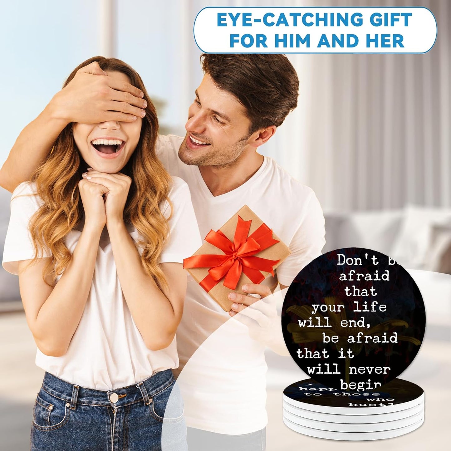 Drinks Coasters Set of 4, Inspirational Positive Quotes Round 4" Cup Coasters, Absorbent Ceramic Stone Coasters with Cork Base, Cute Coasters for Table Home Décor, Ideal Gifts for Women Men