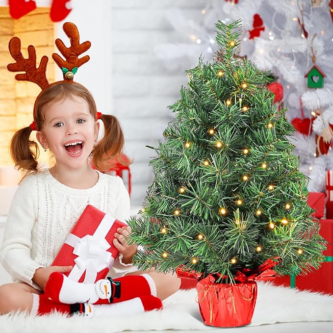 2ft Pre-lit Artificial Mini Christmas Tree,Small Xmas Pine Tree with 50 Lights, Tabletop Christmas Tree Battery Operated Green Xmas Tree for Tabletop