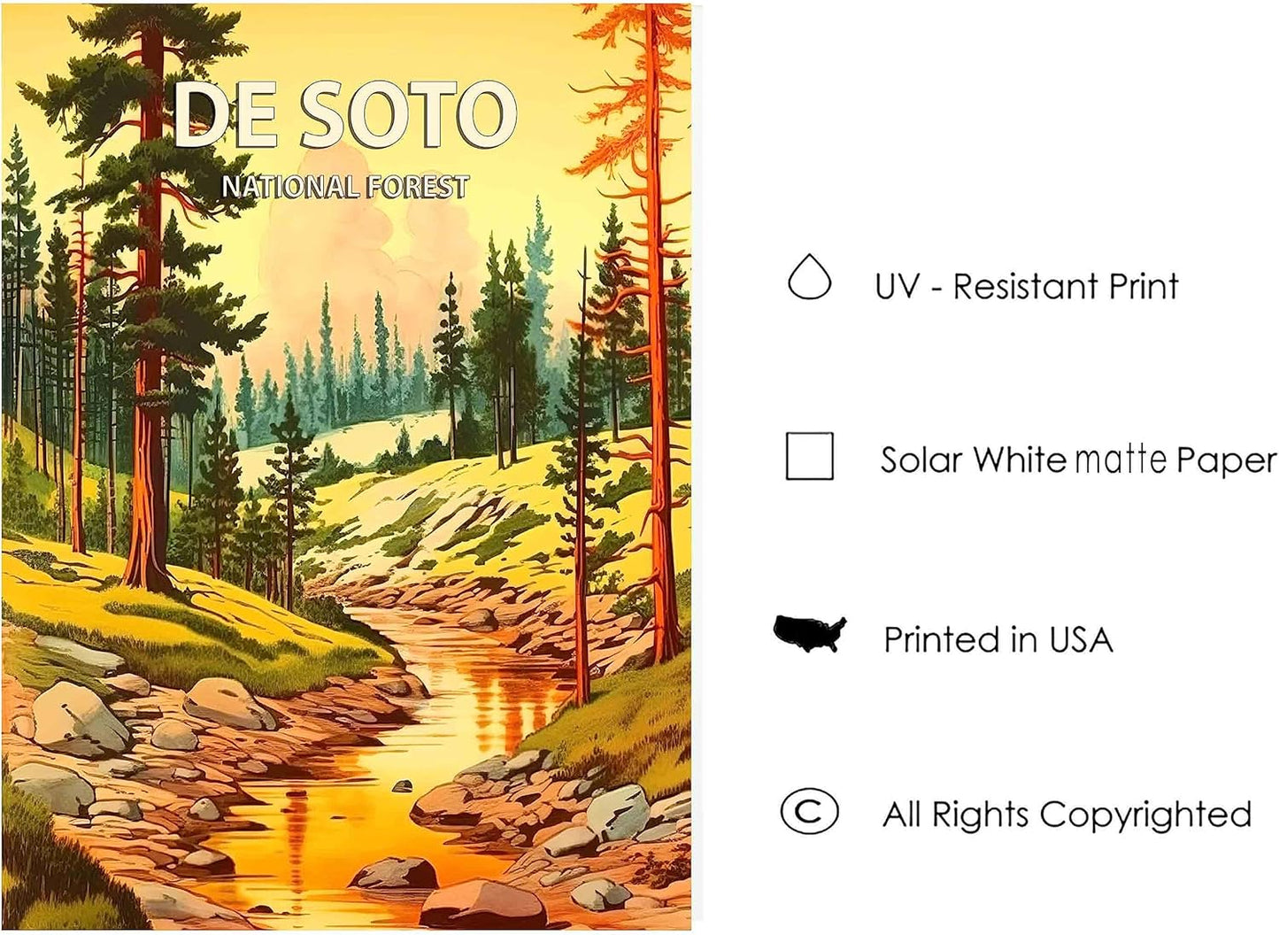 De Soto National Forest Poster Art Print Retro Mountain Wall Art Poster Vintage Decor Nature Recreation Wilderness Wildlife Decoration, Outdoor Adventure Scenic Beauty Artwork. (De Soto National