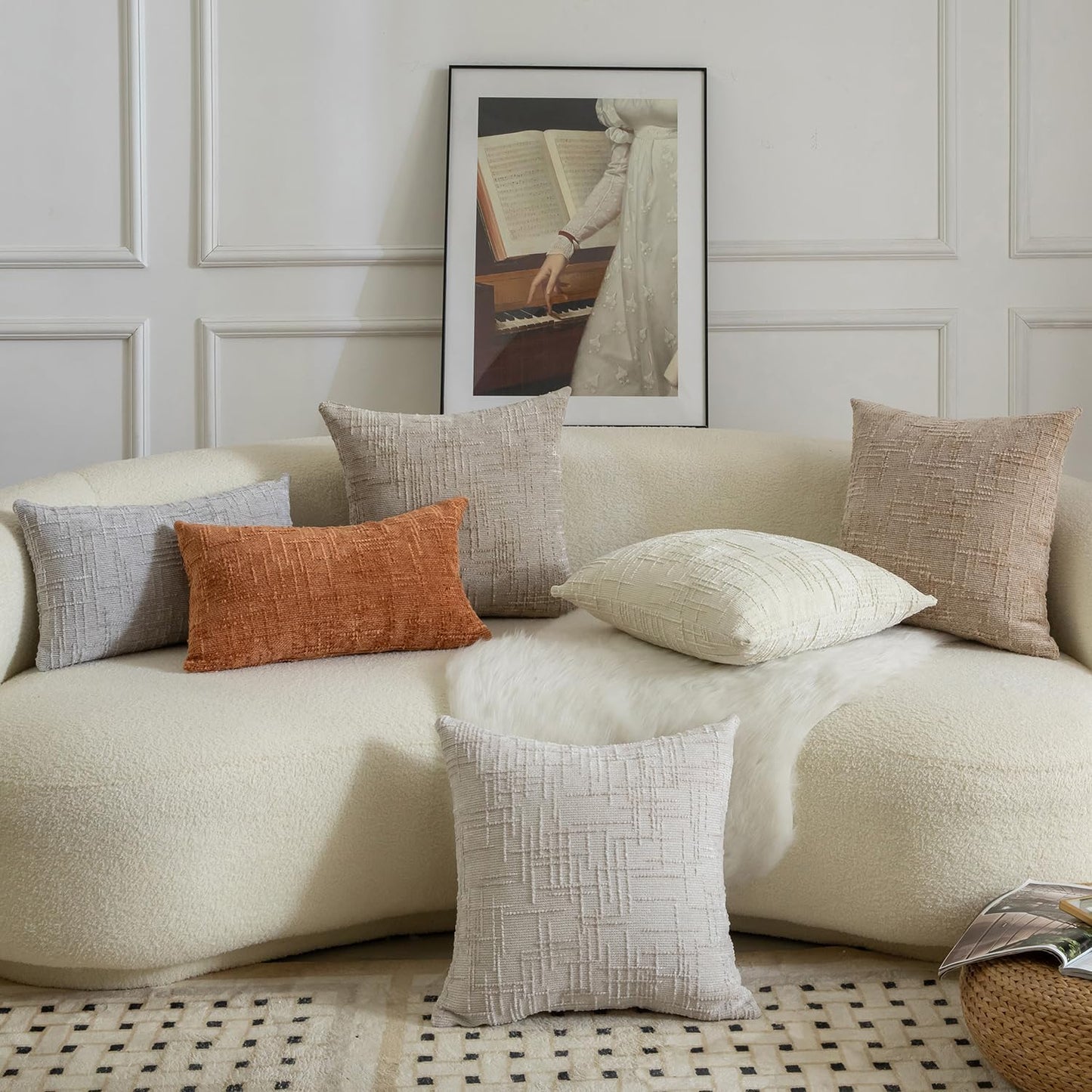 MANDIOO Pack of 2 Soft Chenille Textured Throw Pillow Covers Square Accent Solid Decorative Cushion Cover Cozy Farmhouse Pillow Case for Couch Sofa Bed Living Room 22x22 Inch Khaki