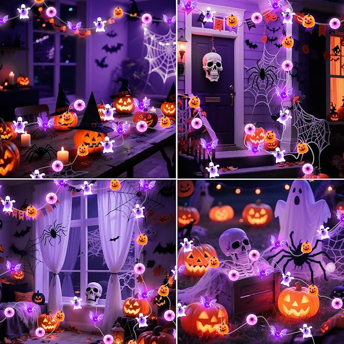 ZGWJ Halloween String Lights Battery Powered with Timer, 1 Pack Bat-Eyeball-Ghost-Pumpkin 50LED 16FT Twinkle String Lights 8 Modes for Bedroom,Halloween Parties Decoration Indoor and Outdoor