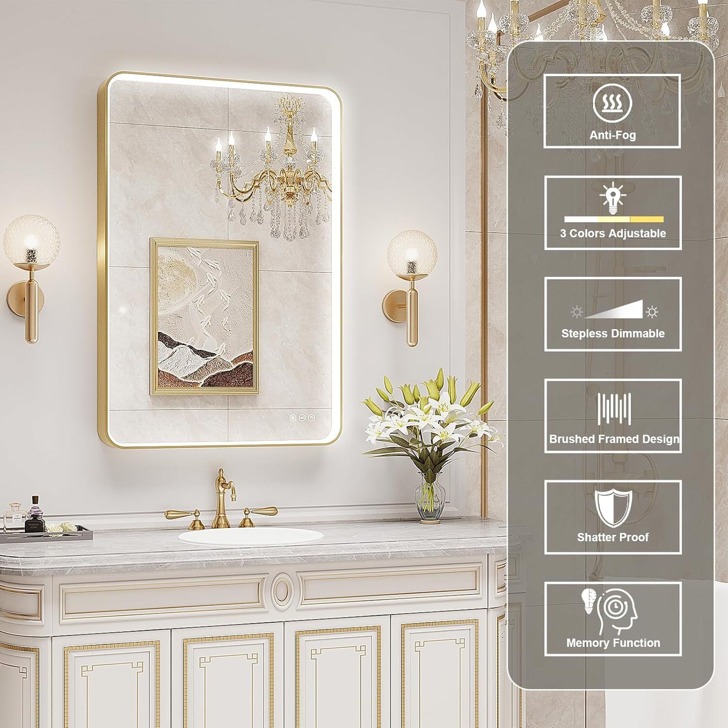 LED Mirror for Bathroom 24X36 Inch Gold Framed with Anti-Fog, Stepless Dimmable, Front Lit, LED Bathroom Vanity Mirror for Wall, Memory Function, Shatter-Proof