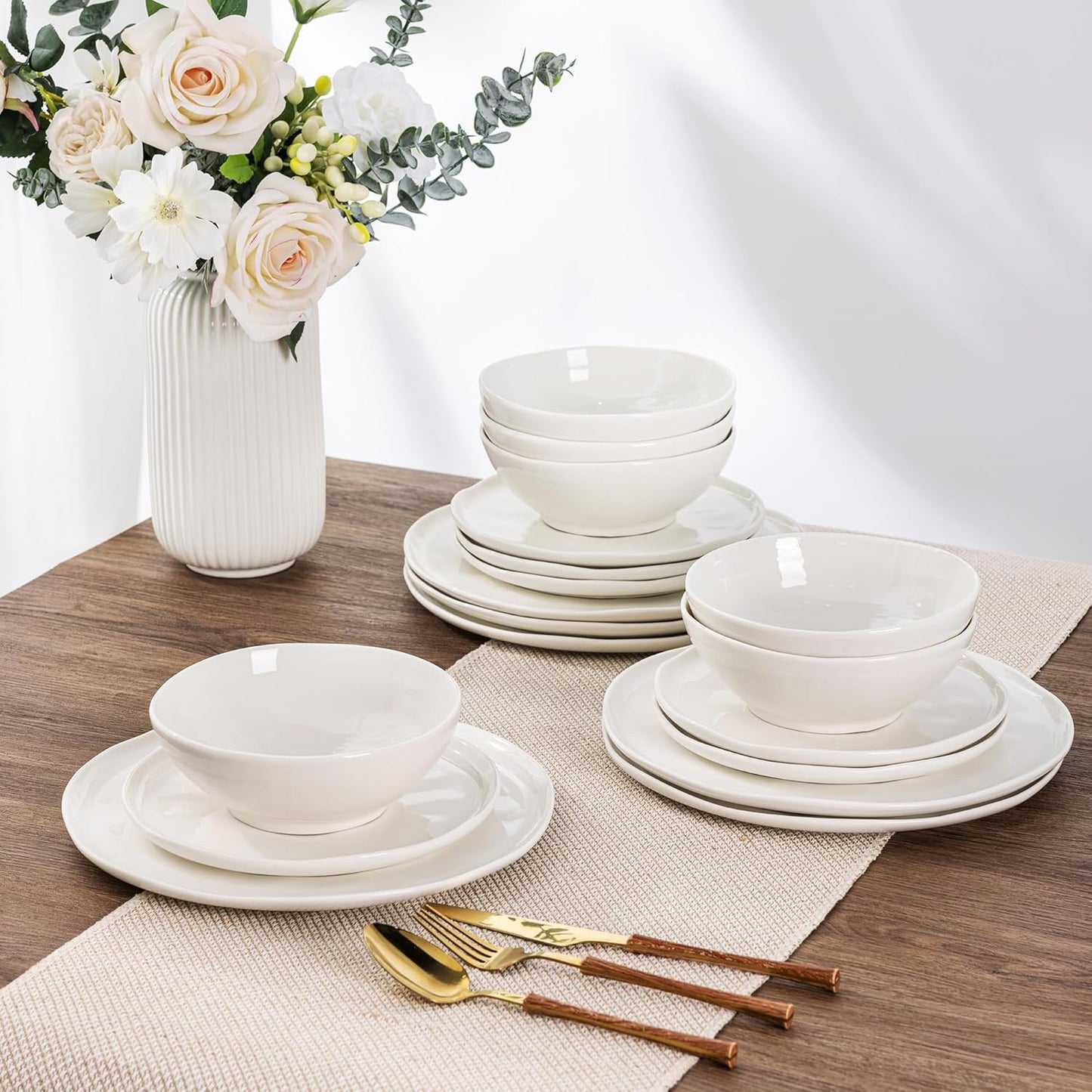 LERATIO Ceramic Dinnerware Sets for 6,Porcelain Plates and Bowls Sets with Wavy Edge, Oven &Microwave & Dishwasher Safe,Light Weight & Scratch Resistant Dishes Sets-Service for 6 (18pcs)-Peal White