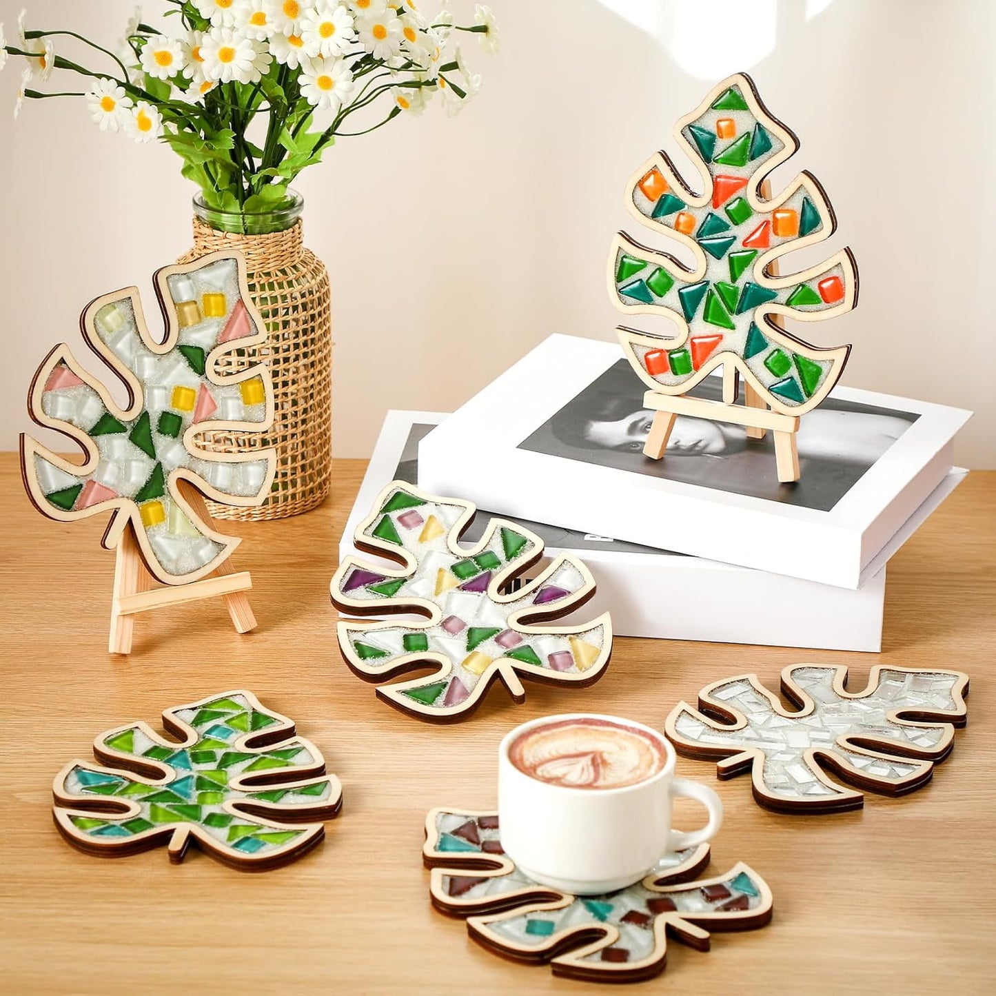 Honeydak 6 Sets DIY Leaves Glass Mosaic Tiles with 6 Sets Leaves Wooden Coasters Making Mosaic Crafts Materials Package Mixed Stained Glass Kit for Handmade Colourful Home Gifts Indoor Decor