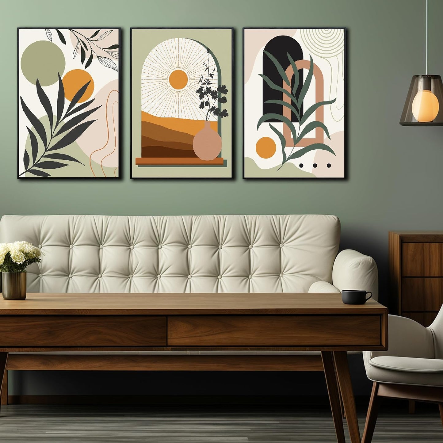 Green Boho Artwork for Walls Bohemian Wall Decor for Bedroom Plant Wall Art for Living Room with Black Frame Size 20 x 30 Inch 3 Panels