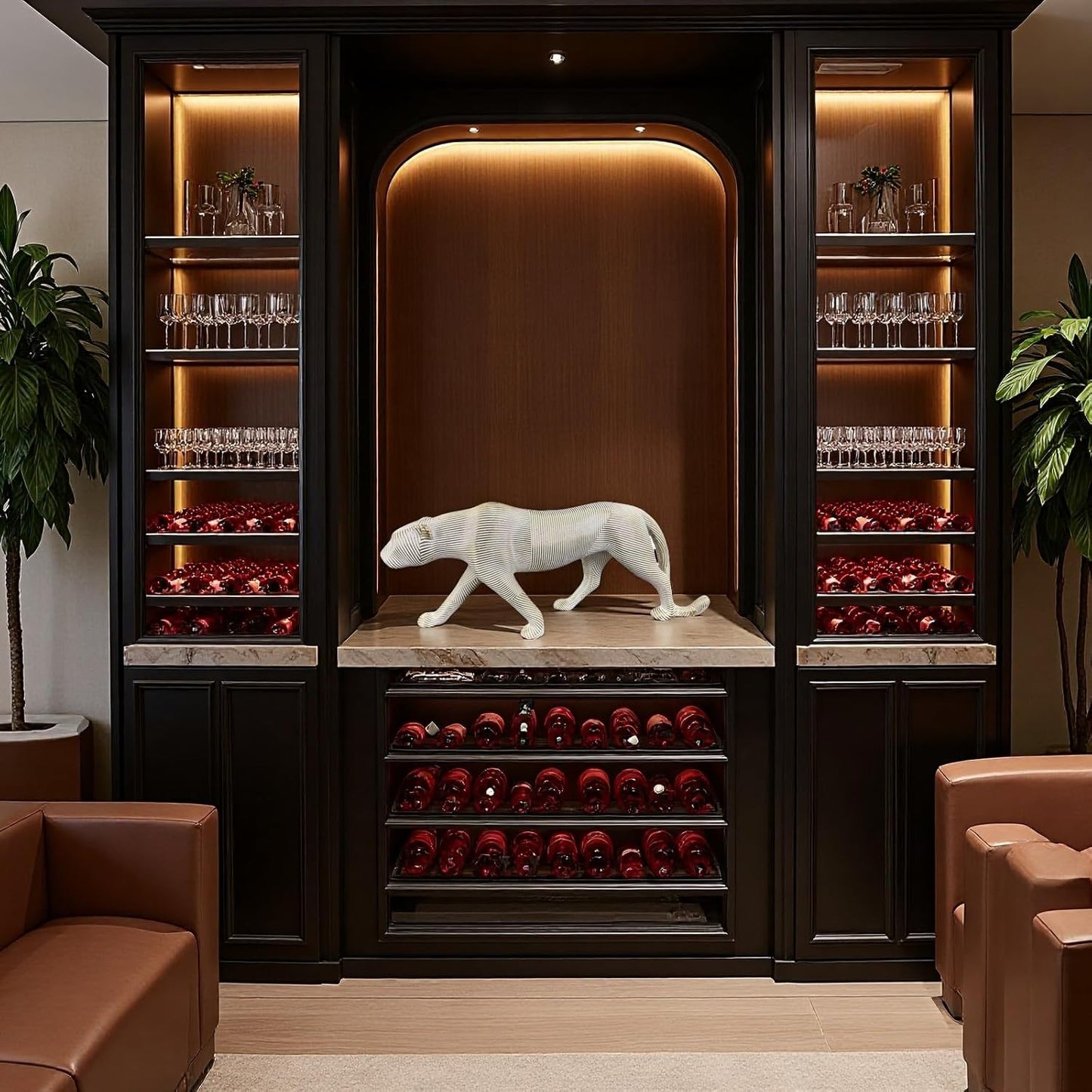 Gold Striped Leopard Statue β Modern Resin Panther Sculpture Figurine β Luxury Animal Decor for Living Room, Office, Shelf & Tabletop β Walking Cheetah Ornament