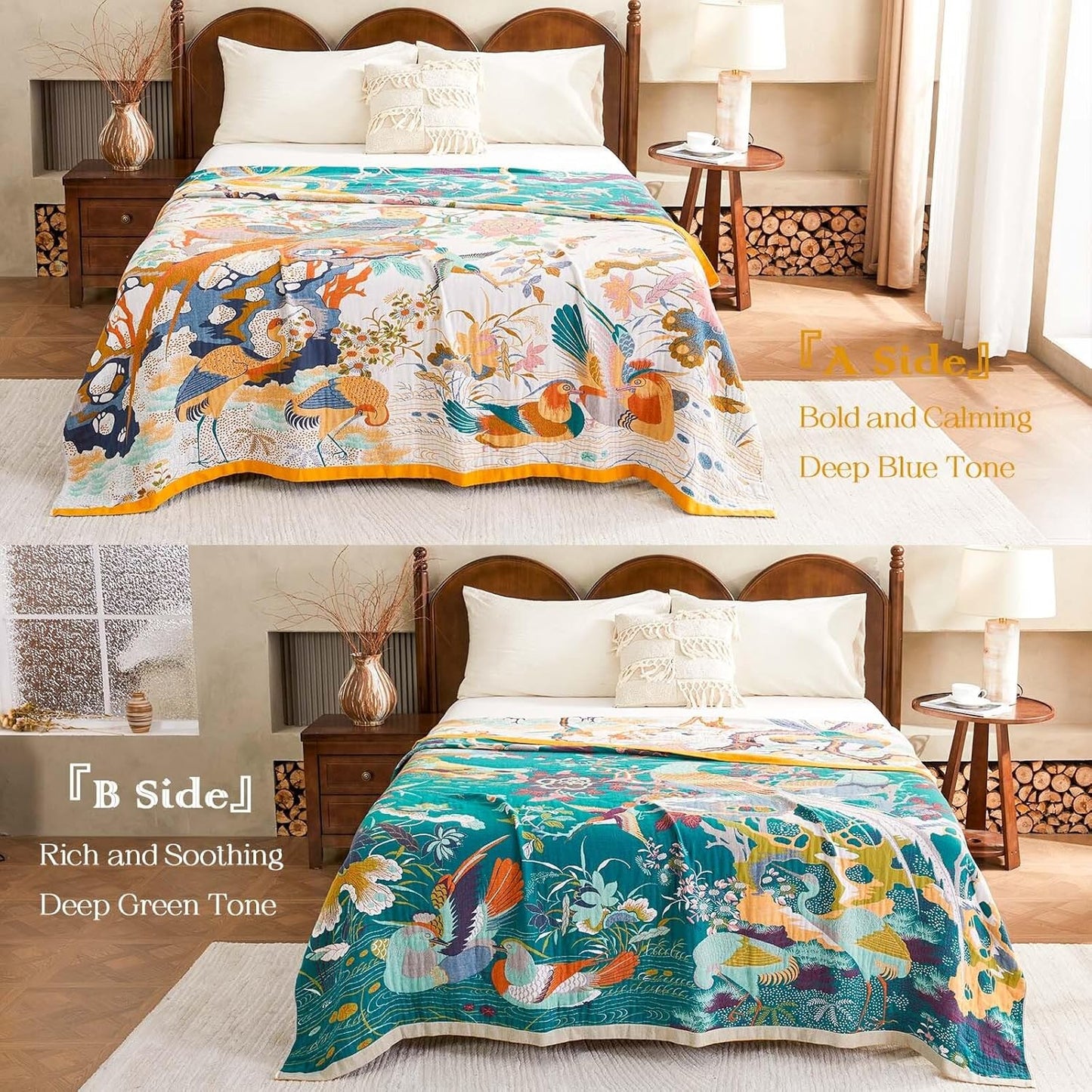 Fall Throw Blanket for Couch, Yellow Boho Decorative Throw Blanket, 100% Cotton Muslin Breathable Woven Farmhouse Blankets Quilt, 90"x98" Reversible Lightweight Blankets Bohemian Throw Quilt