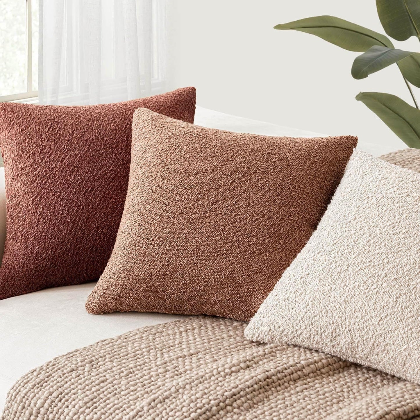 Foindtower Set of 2, Decorative Textured Boucle Throw Pillow Covers Accent Solid Pillow Cases Neutral Couch Cushion Case for Chair Sofa Bedroom Living Room Home Decor 16x16 Inch Dusty Orange Hazel