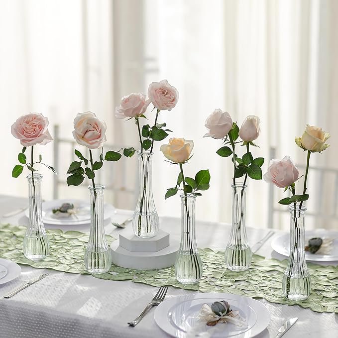 NUPTIO Glass Bud Vases Centerpiece: 6 Pcs Small Flower Vase for Wedding in Bulk - Cute Clear Ribbed Vase for Party Events Home Table Decor