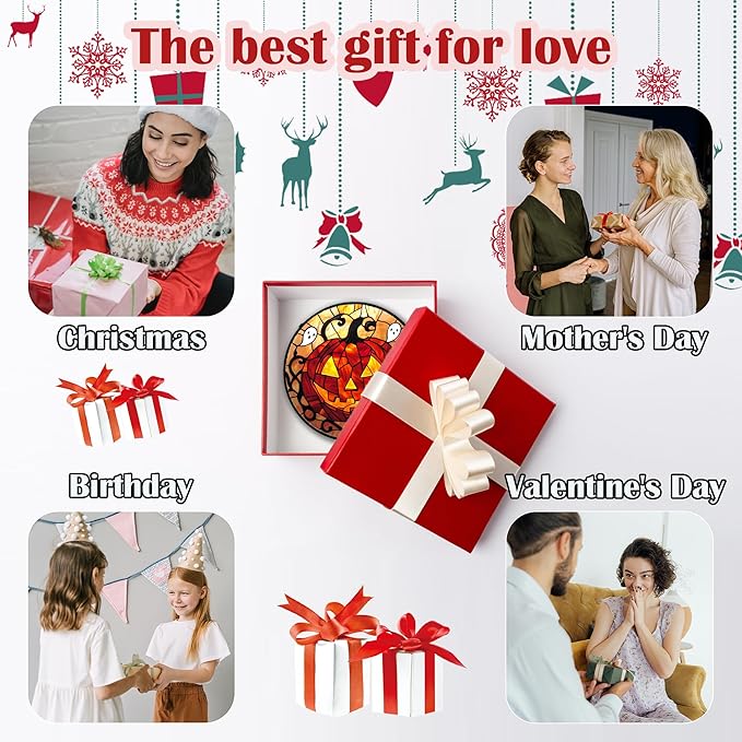 Stained Glass Window Hanging - Halloween Decorations Evil Pumpkin Orange Suncatcher for Doors Garden Indoor Funny Spooky Sun Catchers Gothic Decor Horror Gifts for Women Men Friend 6.3 in