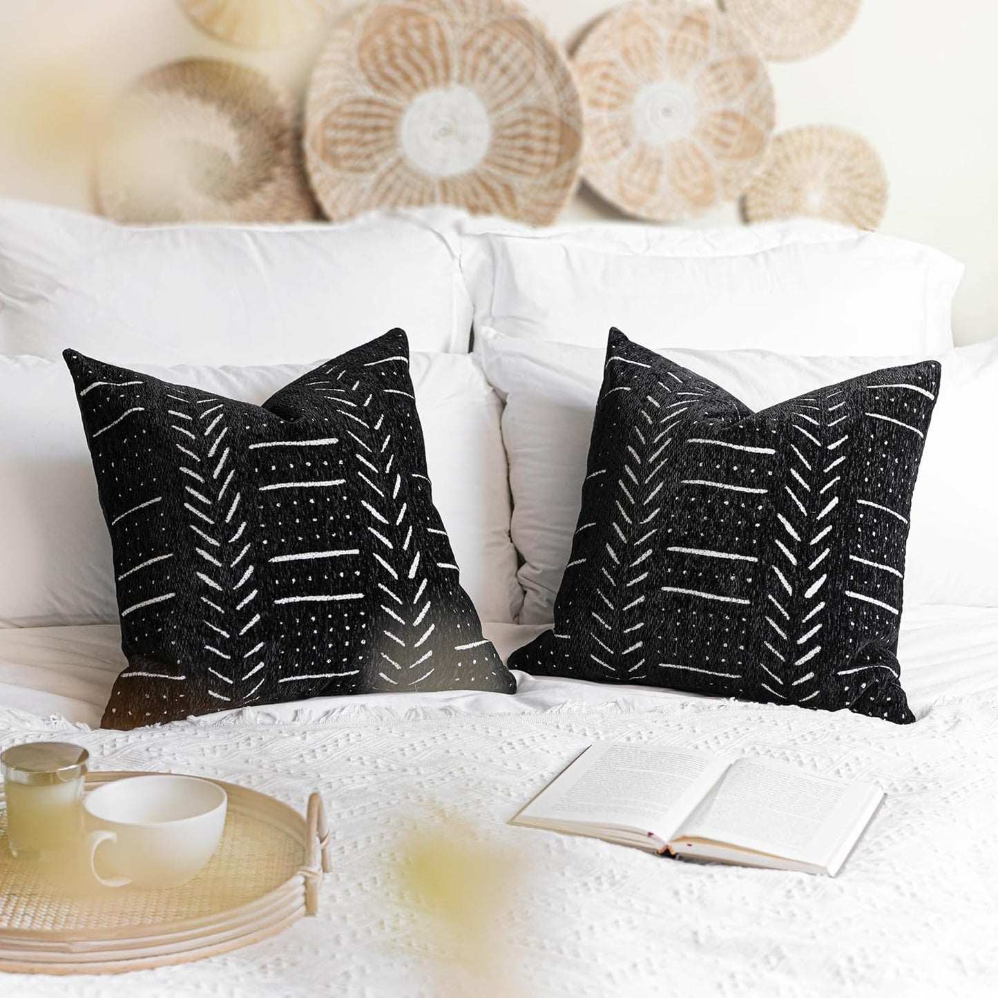 BlissBlush Black Decorative Throw Pillow Covers 18X18, Set of 2, Boho Farmhouse Cushion Cover, Cozy Soft Accent Pillowcase for Couch Sofa Bed Living Room Home Décor