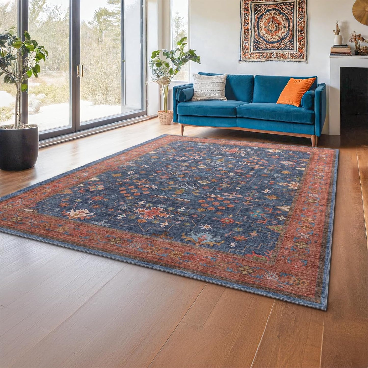 Dining Room Rugs for Under Table - 7x9 Washable Area Rug for Living Room, Low Pile Non-Slip Rugs for Bedroom - Navy Blue Vintage Boho Unique Home Decor