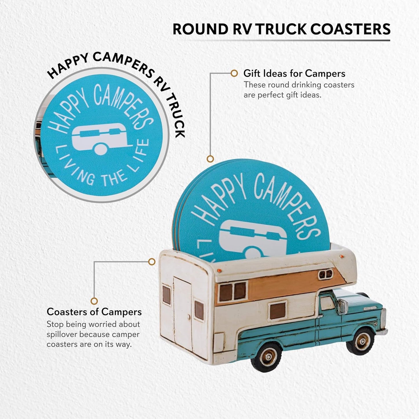 Happy Camper Car Coaster Set - Truck RV Coasters for Drinks Rustic Home Decor Living Room - Table Coasters Set Dining Room Decor and Accessories - Home Bar Camp