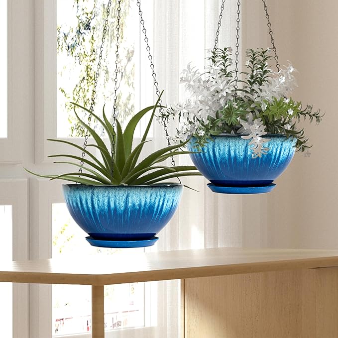 Hanging Planters for Indoor Outdoor Plants-2 Pack 10 inch Hanging Plant Pots with Drainage and Hanging Plant Holder, Hanging Planter for House Plants (Blue Flowing Glaze)