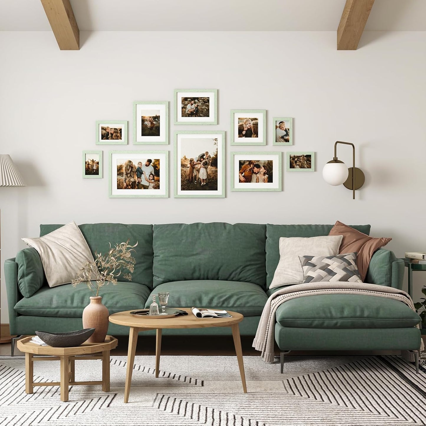 Egofine 9x12 Picture Frames Set of 4, Made of Solid Wood Covered by Plexiglass 5x7 and 6x8 with Mat or 9x12 without Mat, for Table Top Display and Wall Mounting Photo Frame Rustic Green